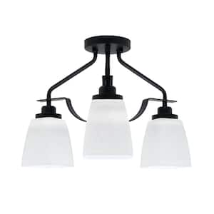 Zara 15 in. 3-Light Matte Black Semi-Flush with 4.5 in. Square White Muslin. Glass Shades No Bulbs Included