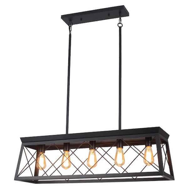 LWYTJO 5-Light 37.8 in. W Vintage Farmhouse Matte Black Chandelier with Rectangle Light Shade for Kitchen Island Dining Room