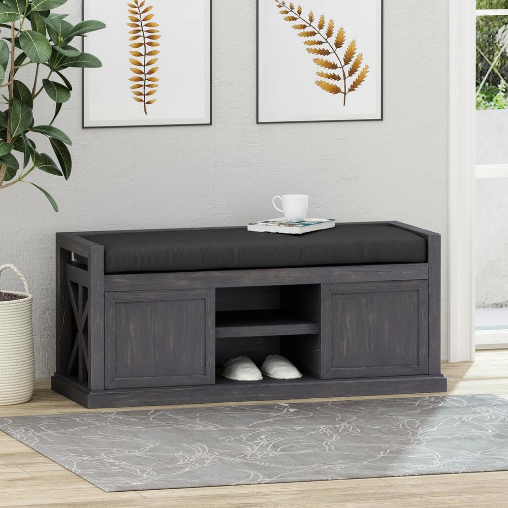 Sandblast Dark Gray Acacia Wood Storage Bench with Black Cushion