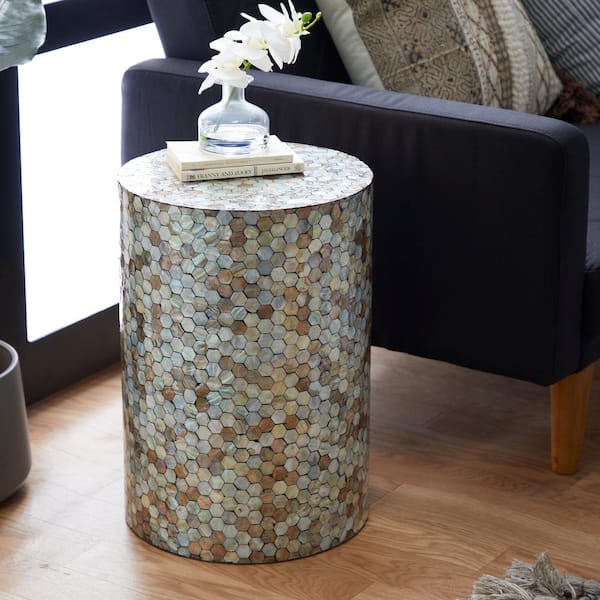 Litton Lane 14 in. Multi Colored Handmade Mosaic Geometric Large Cylinder Wood End Table