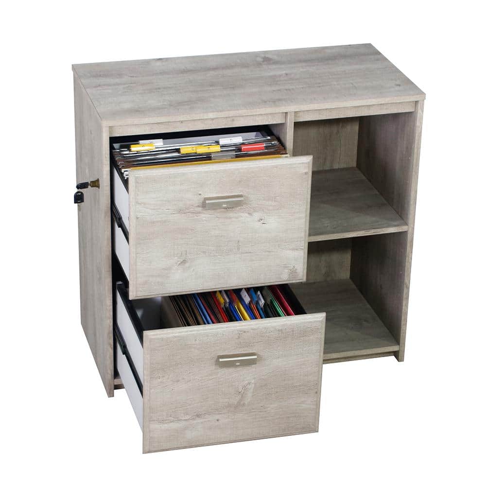 Washed Gray 2-Drawer Wood File Cabinet with Shelves