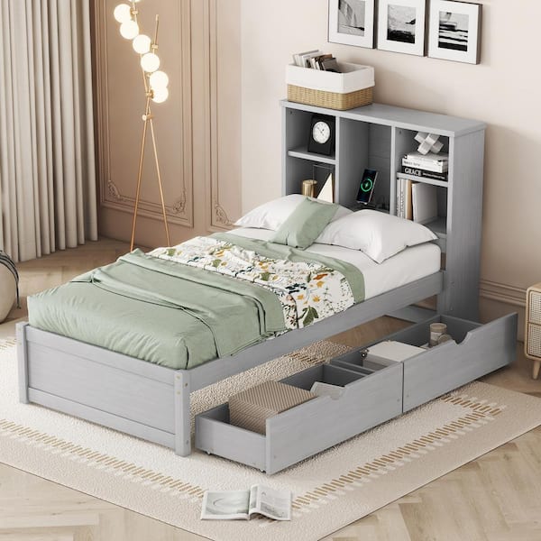 Gray Wood Frame Twin Size Platform Bed with Built-in USB Port, 2 Drawers and Storage Headboard