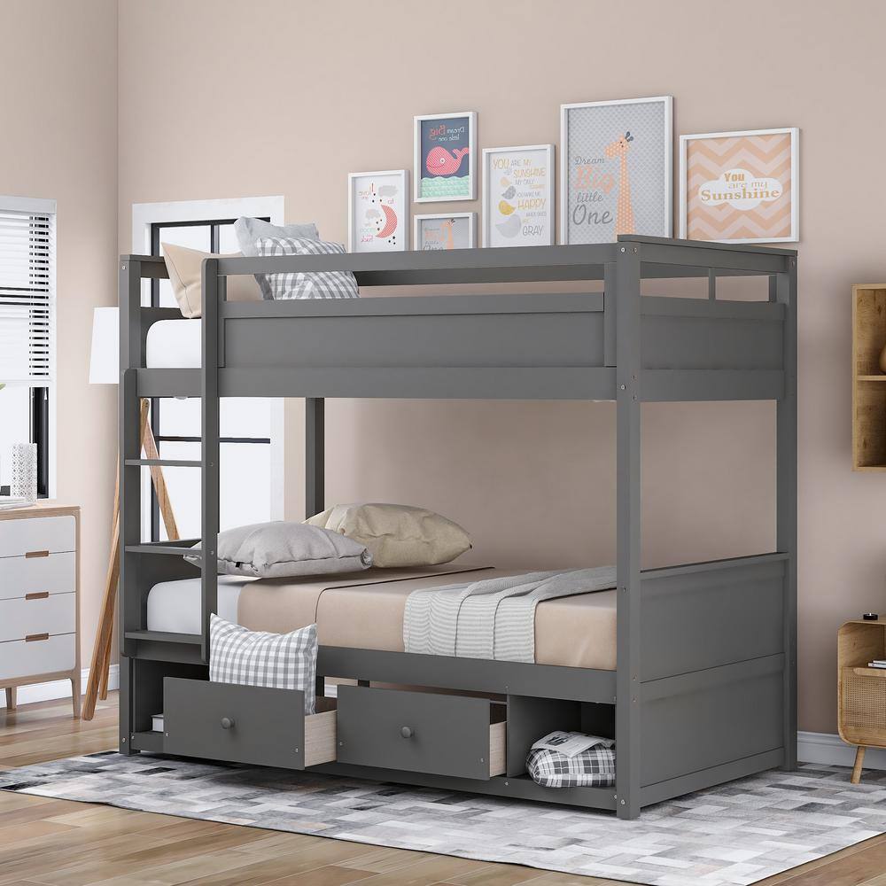 GOSALMON Gray Twin Over Twin Bunk Bed, with 2-Drawers and 2-Storage ...