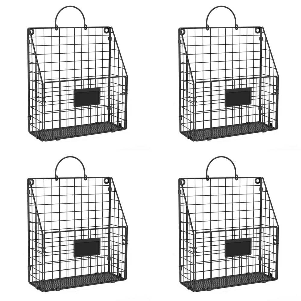 Black Hanging Wall File Holder, Metal Wall Mount Magazine Rack with Handles