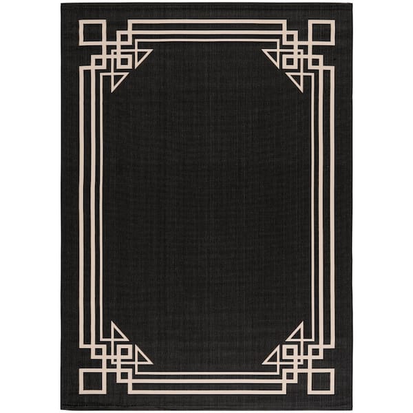 Courtyard Black/Light Beige 8 ft. x 11 ft. Solid Geometric Border Indoor/Outdoor Area Rug