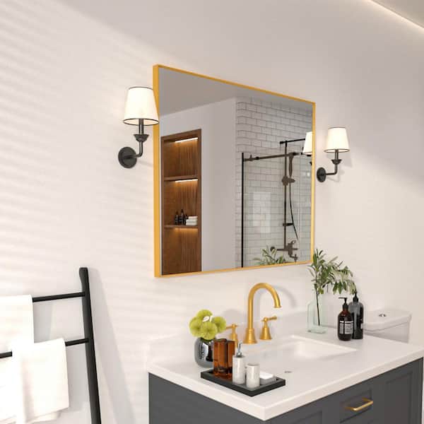 Aura 36 in. W x 30 in. H Rectangular Framed Wall Bathroom Vanity Mirror in Brushed Gold