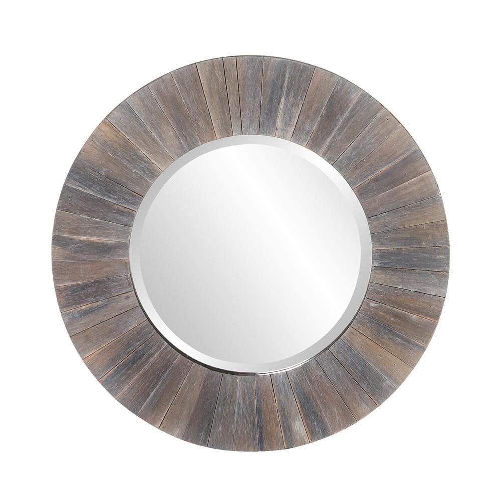 Small Round Gray Rustic Wood Wall Mirror with Beveled Glass