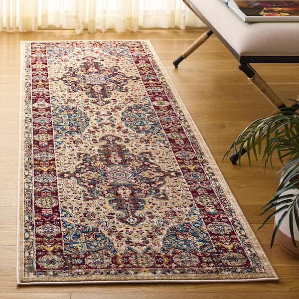 Kashan 3 ft. x 8 ft. Ivory/Red Antique Border Runner Rug