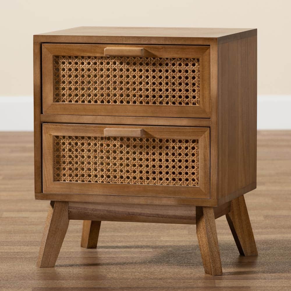 Walnut Brown Retro-Inspired 2-Drawer Rattan End Table