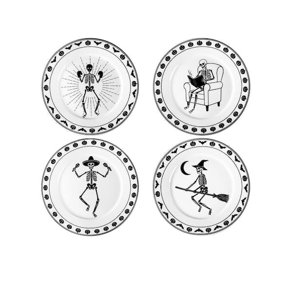 Set of 4 Halloween Skeleton Ceramic Plates, 9 in. Dessert Salad Plates with Assorted Funny Skeleton Designs