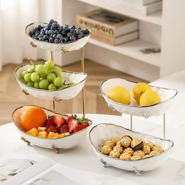 3-Tier Fruit Bowl with Gold Metal Stand for Kitchen Counter, Tiered Fruit Basket Snacks Bread Candy Storage, White