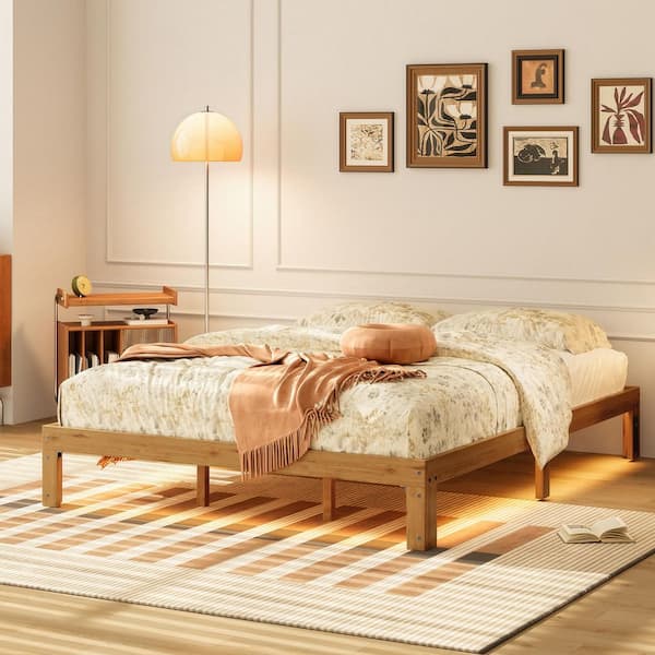 Natural Brown Wood Frame Queen Size Platform Bed with LED Light and Power Outlet Solid Wood Queen Bed Frame with Slats