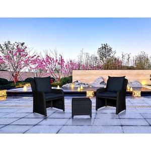 Rattan 3-Pieces Wicker Outdoor Patio Conversation Set Seating Group with Dark Brown Cushions, 1Table and 2 Chairs