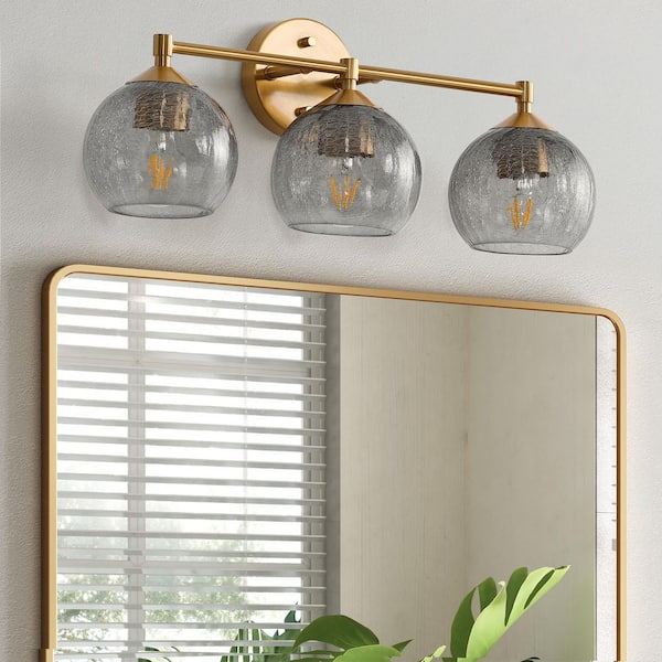 22.8 in. 3-Light Brass Gold Bathroom Vanity Light, Bathroom Light Fixtures with Gray Crackle Glass Shades Over Mirror