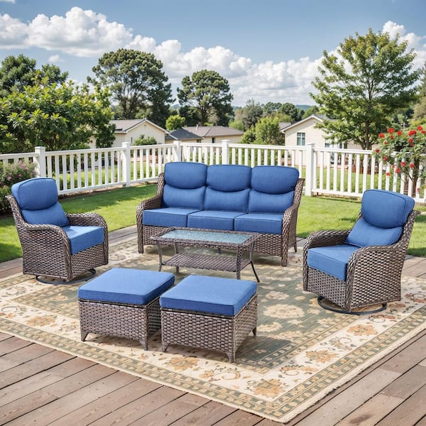 Crescent Brown Swivel Glider Wicker Patio Conversation Set with Blue Olefin 6 in. Thick Cushions/Couch (6-Piece)