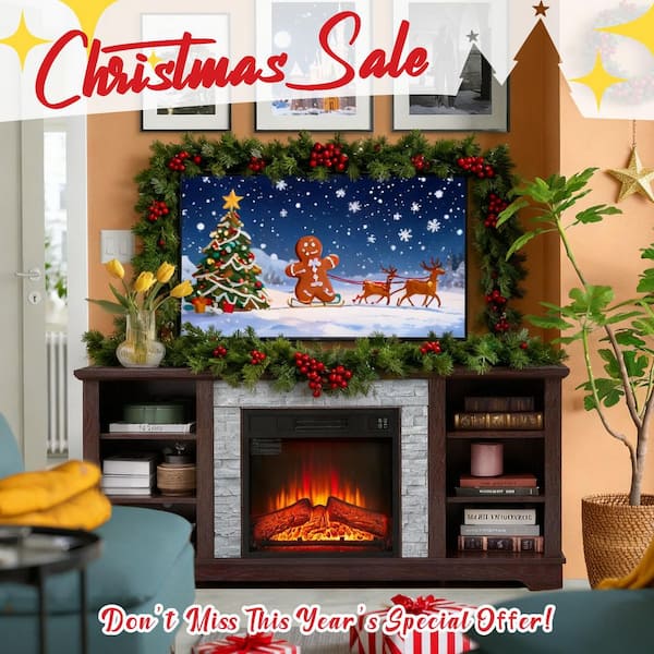 58 in. W Freestanding Wooden Modern Electric Fireplace TV Stand with Faux Stacked Stone Surround in Cherry