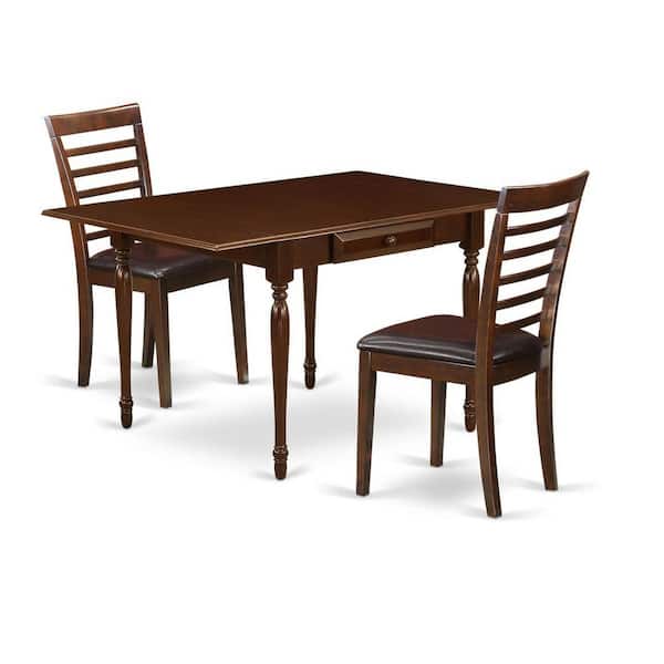 East West Furniture 3-Piece Mahogany Finish Solid Wood Top with Dropleaf Dining Table Set