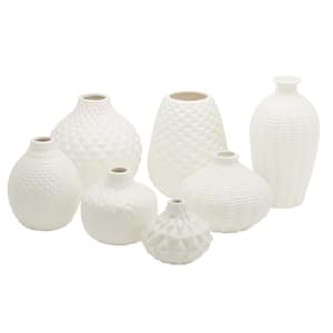 Artisan White Ceramic Carvings Bud Vases (Set of 7)