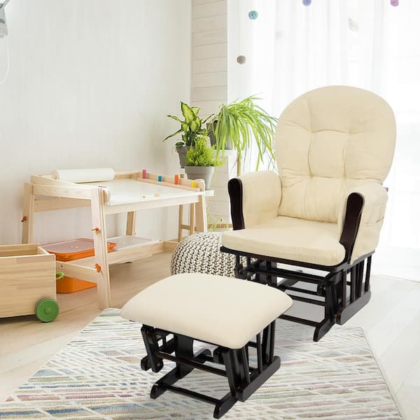 HOMESTOCK Espresso/Cream Modern Glider Nursery Rocking Chair with Ottoman, Ideal for Breastfeeding and Reading