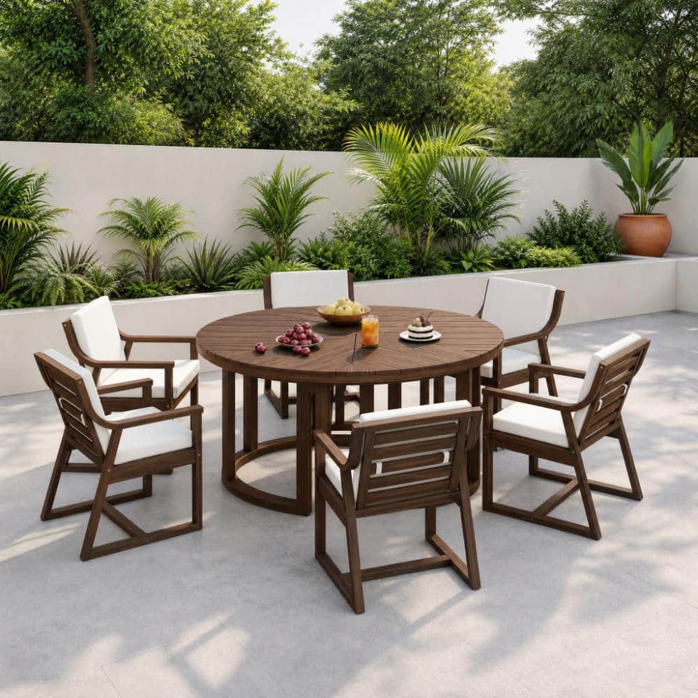 7-Piece Mocha Acacia Wood Outdoor Patio Furniture Dining Set with Removable Beige Cushions and Umbrella Hole price history on PriceWatchPro