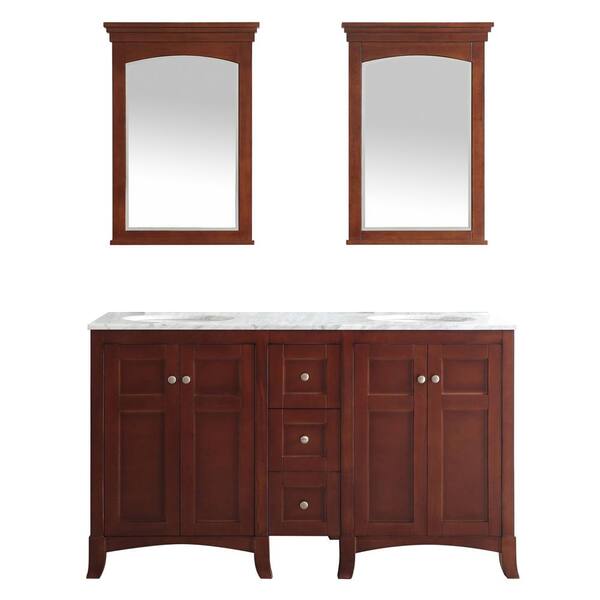 Vinnova Arezzo 60 in. W x 22 in. D x 36 in. H Vanity in Cherry with Marble Vanity Top in White with White Basin and Mirror