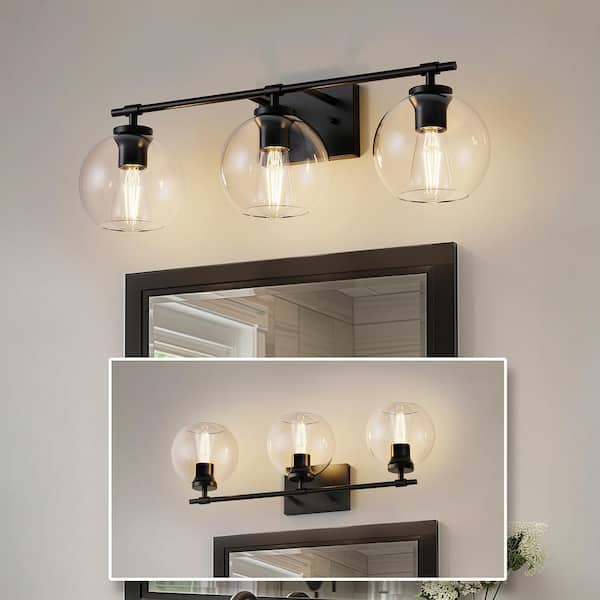 25 in. 3-Light Black Vanity Light with Clear Globe Glass Shades for Bathroom, Mirror, Entryway