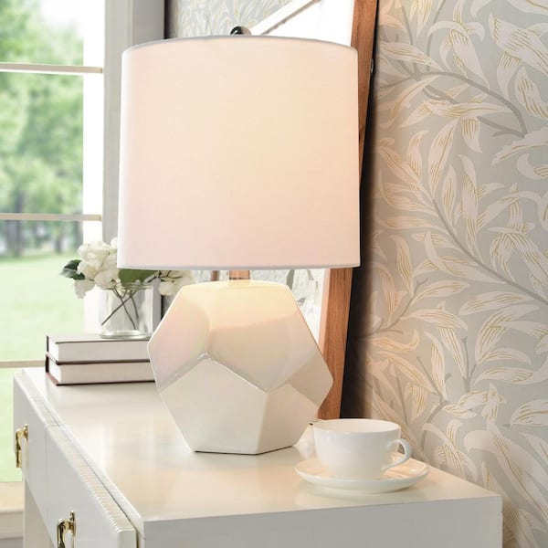 19 in. Gloss White with Iridescent Pearl Glaze Table Lamp White Linen Shade