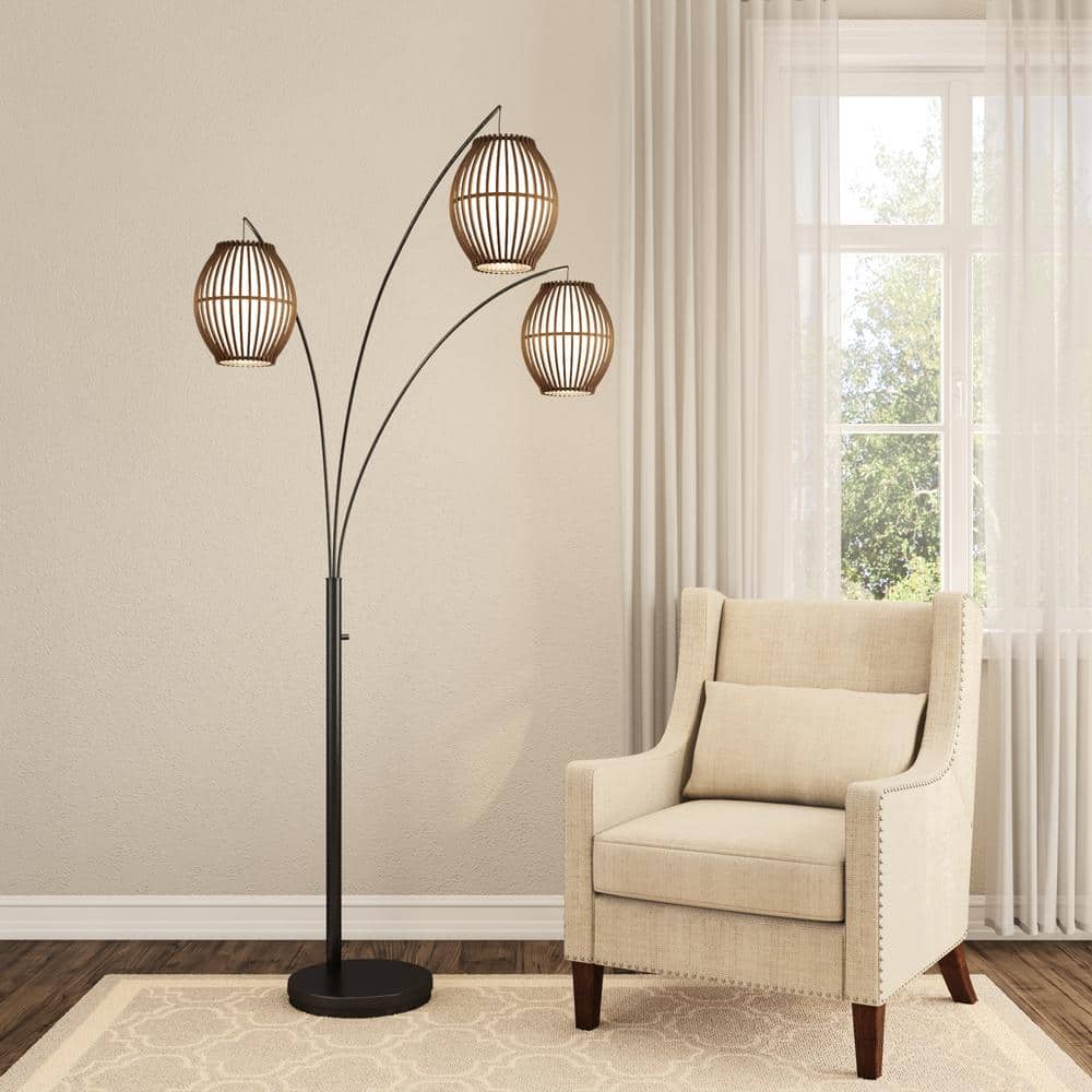 Antique Bronze Arc Floor Lamp with Bamboo Shades