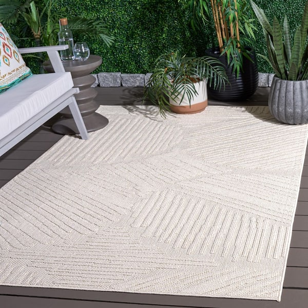 Global 7 ft. x 7 ft. Square Light Beige/Ivory Solid Abstract Striped Indoor/Outdoor Area Rug