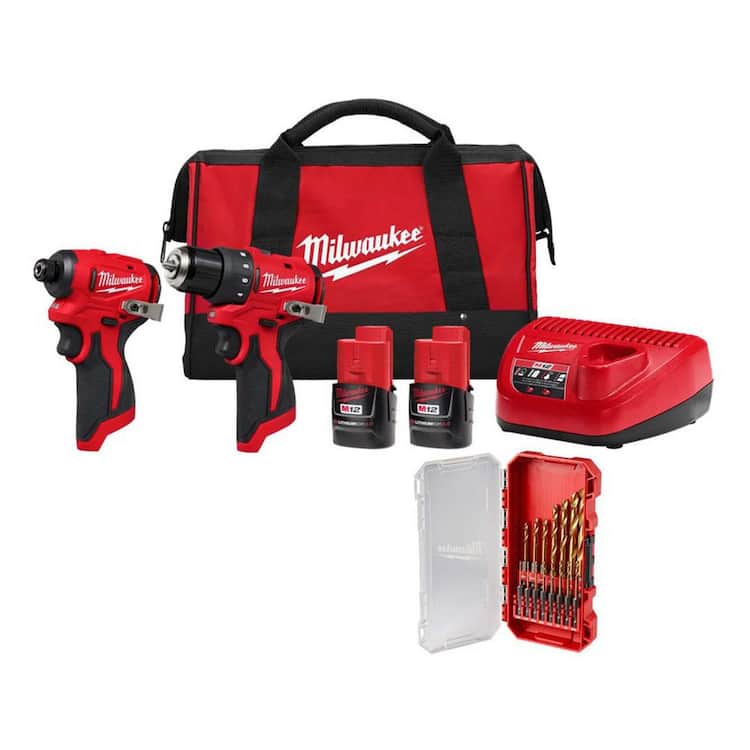 Milwaukee M12 12-Volt Lithium-Ion Brushless Cordless Subcompact Drill and Impact Driver Combo Kit w/ 15 Pc Bit Set (2-Tool)