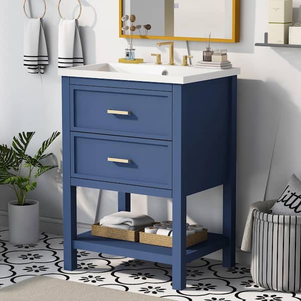 Vanity Art 12 Narrow Bathroom Side Storage Cabinet with Engineered Marble Top - Blue