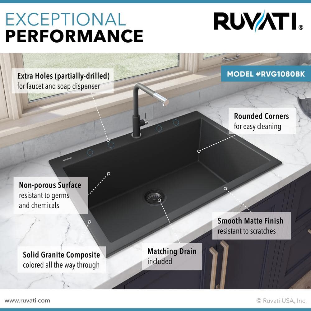 Midnight Black Granite Composite Drop-In Kitchen Sink