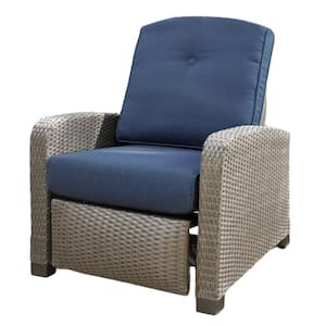 Galloway Brown Aluminum and Wicker Outdoor Recliner with SunBrella Canvas Navy Cushion
