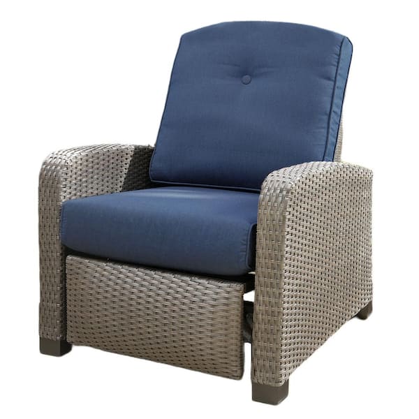 Pacific Casual Galloway Brown Aluminum and Wicker Outdoor Recliner with SunBrella Canvas Navy Cushion