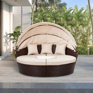 Drink Brown 5-Piece Wicker Chaise Lounge Patio Outdoor Day Bed Sunbed with Retractable Canopy and Beige Cushions