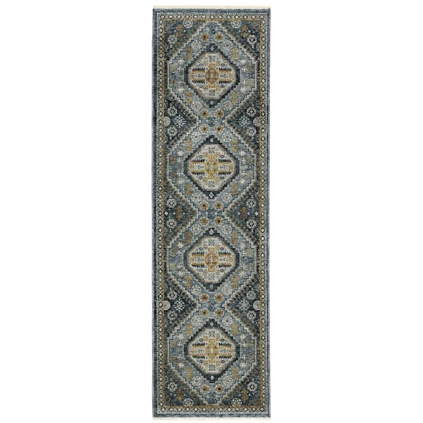AVERLEY HOME Ambrose Blue/Gold 2 ft. x 8 ft. Oriental Tribal Medallion Polyester Fringe Edge Indoor Runner Area Rug