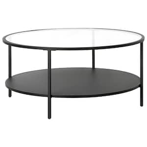 36 in. Black Round Glass Coffee Table with Shelves;Storage