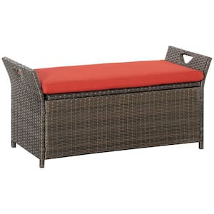 27 Gal. Patio Wicker Red Outdoor Storage Bench, Two-In-One Large Capacity Footstool Rectangle Basket Box