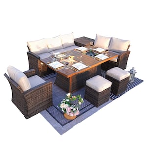Lomax Brown 7-Piece Wicker Patio Fire Pit Conversation Sofa Set with Beige Cushions