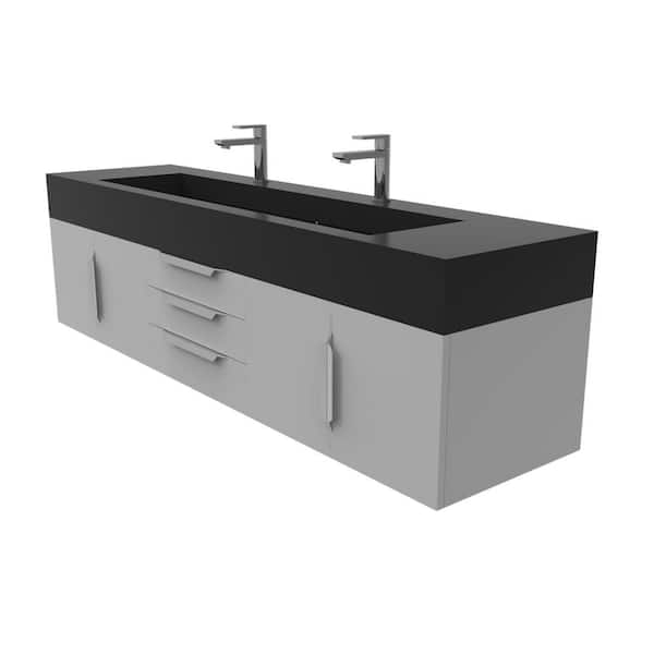 castellousa Nile 72 in. W x 19 in. D x 20 in. H Single Bath Vanity in Matte Gray with Chrome Trim and Black Solid Surface Top
