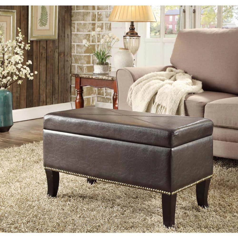 Espresso Faux Leather Tufted Storage Ottoman with Nailhead Trim