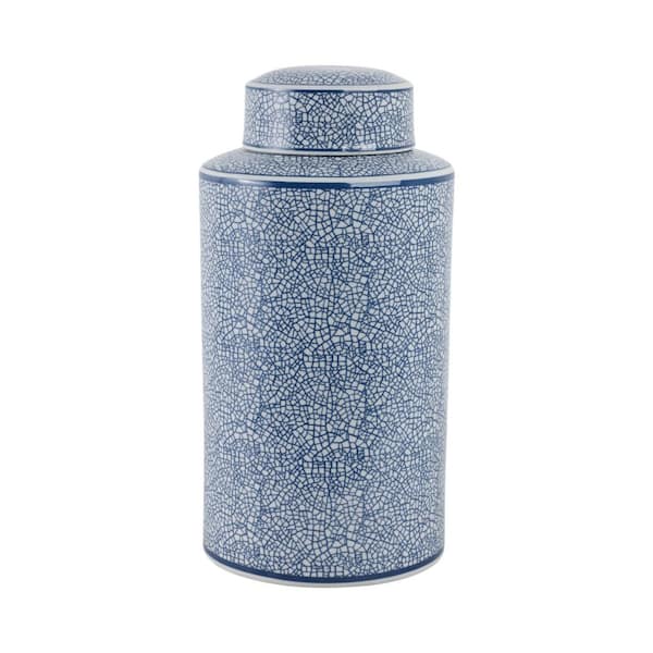 Liv & Skye Blue/White 16 in. Ceramic Cylinder Abstract Jar