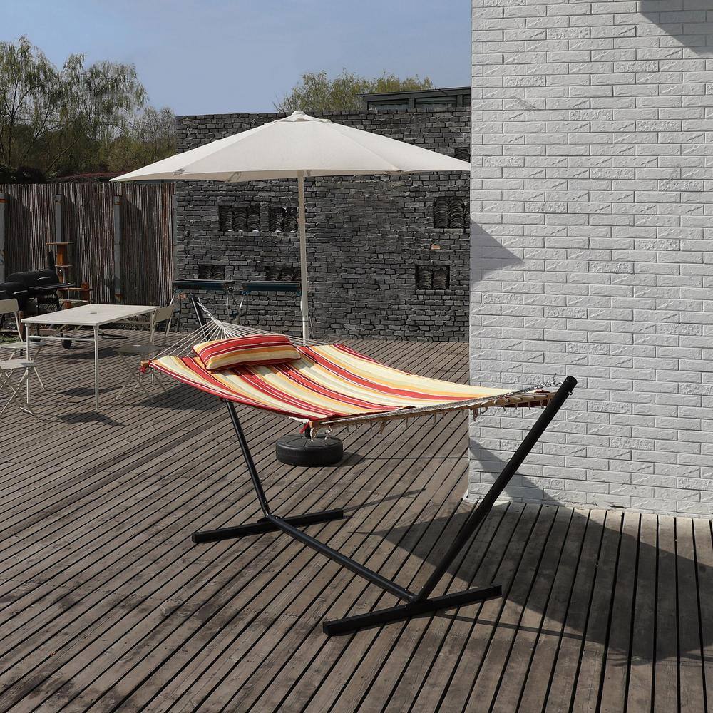 Striped Red and Beige Metal Stand 2-Person Hammock with Pillow