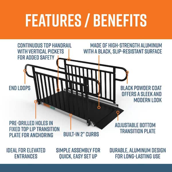 GATEWAY 3G 6 ft. Aluminum Solid Surface Black Wheelchair Ramp with Black Vertical Picket Handrails