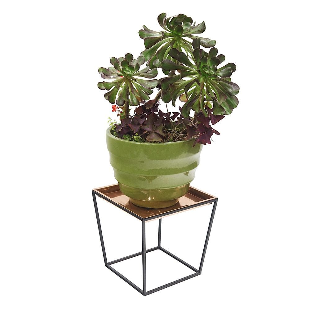 15" Black Wrought Iron Plant Stand with Copper Tray