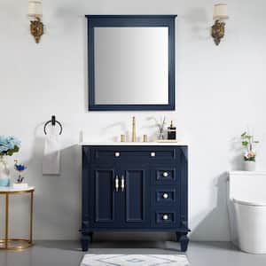 36 in. W x 22 in. D x 35 in. H Single Sink Bath Vanity in Navy Blue with White Stain-Resistant Quartz Top and Mirror