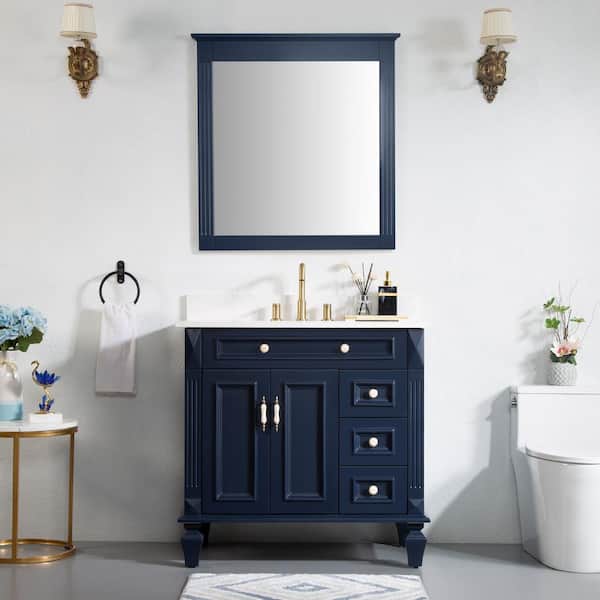 ANGELES HOME 36 in. W x 22 in. D x 35 in. H Single Sink Bath Vanity in Navy Blue with White Stain-Resistant Quartz Top and Mirror