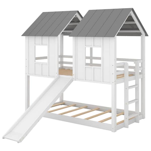 【tak】ベッド Polibi White Twin over Twin House Bunk Bed with Slide and