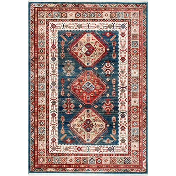 nuLOOM Qiana Emblem Fringe Blue 9 ft. x 12 ft. Area Rug