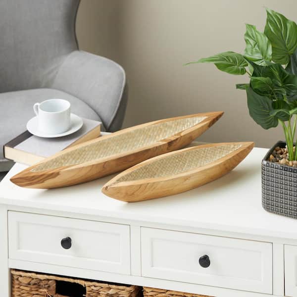 Litton Lane Brown Handmade Teak Wood Carved Boat Decorative Tray with Woven Palm Leaf Interior Set of 2